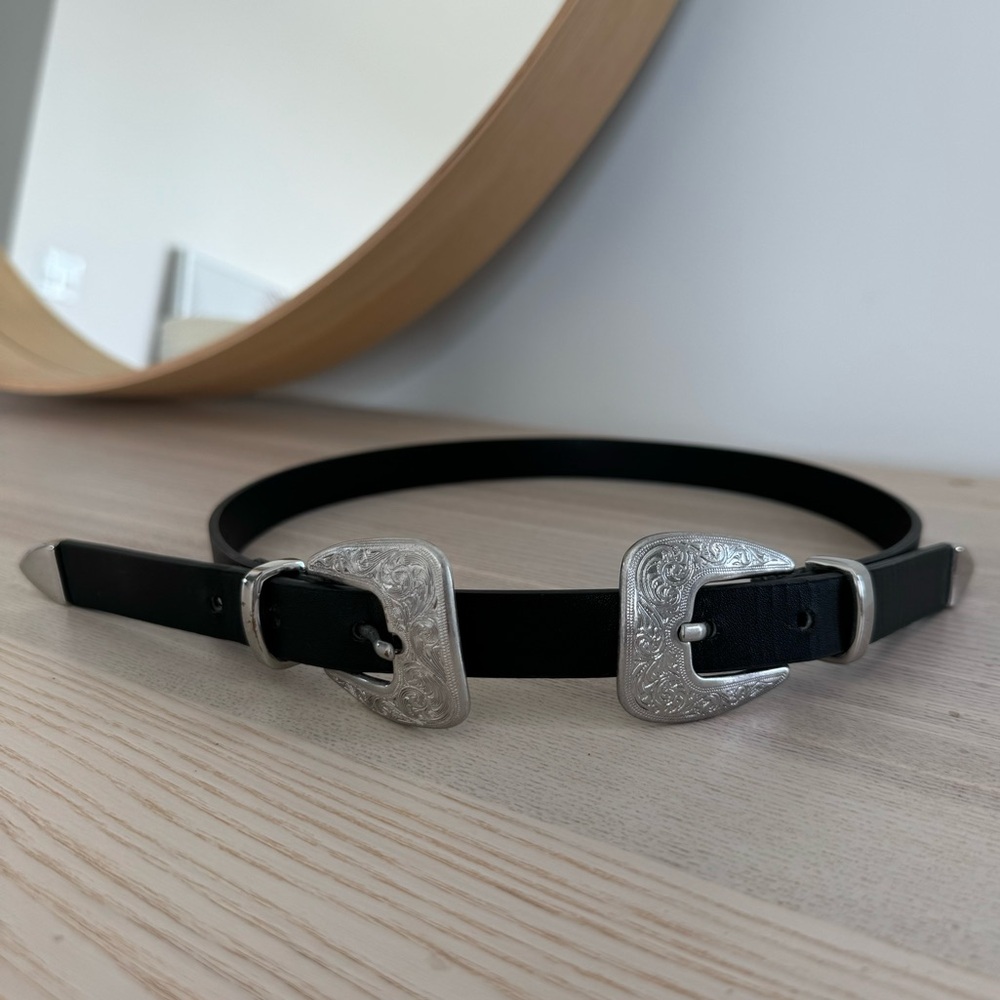 New Black Embossed Double Buckle Western Belt